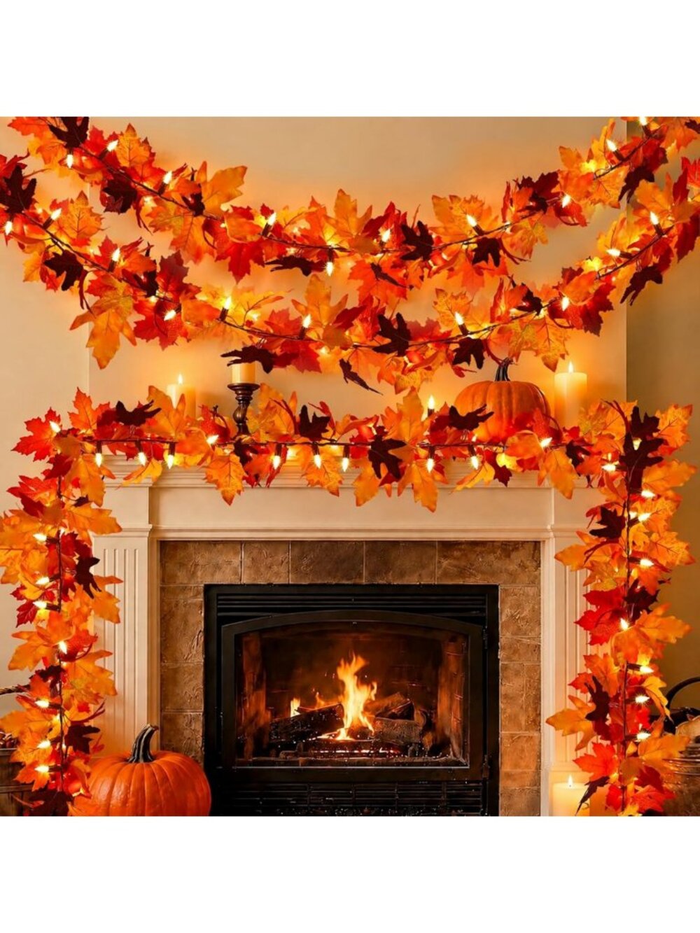 2-Pack 9ft LED Maple Leaf Garland - Battery Operated, Waterproof Fall Decor